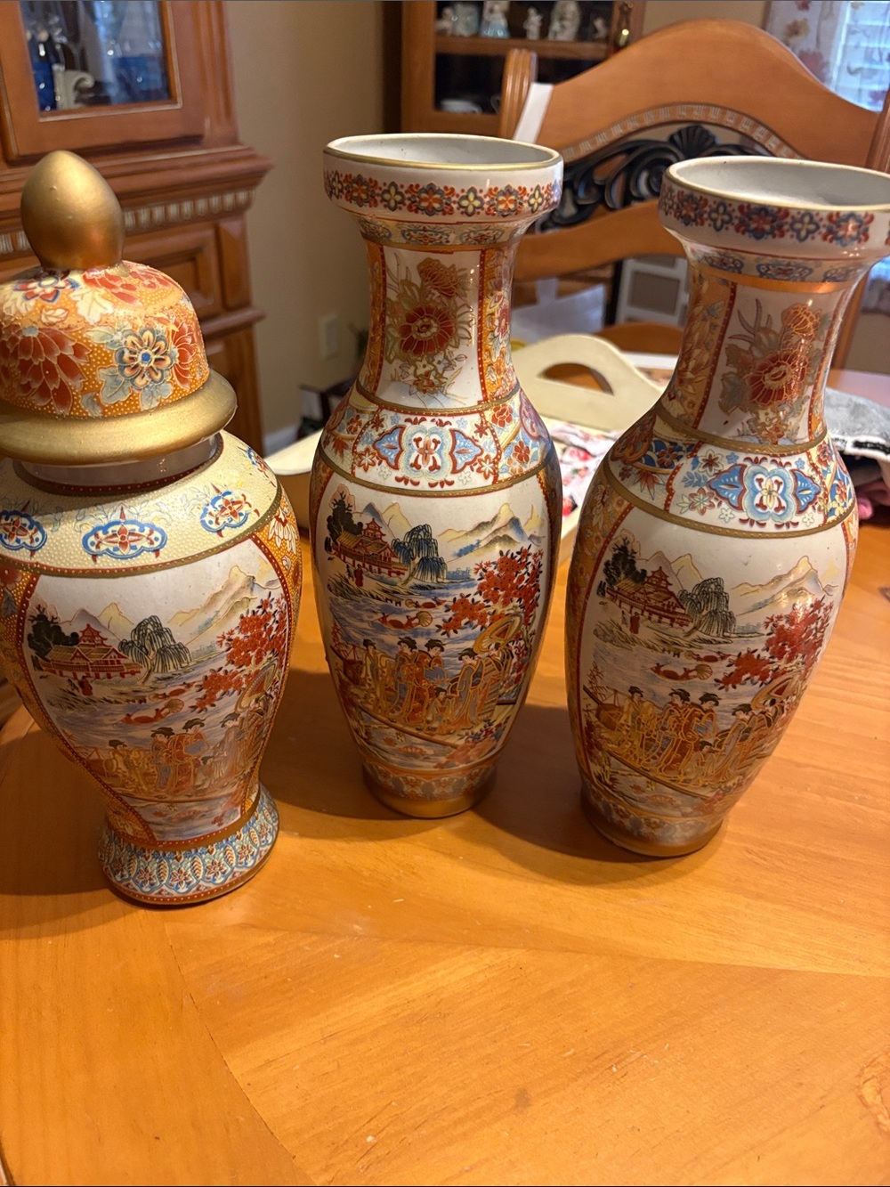 Hand-Painted Ceramic Asian-Style Decorative Vases Set in Cream and Gold